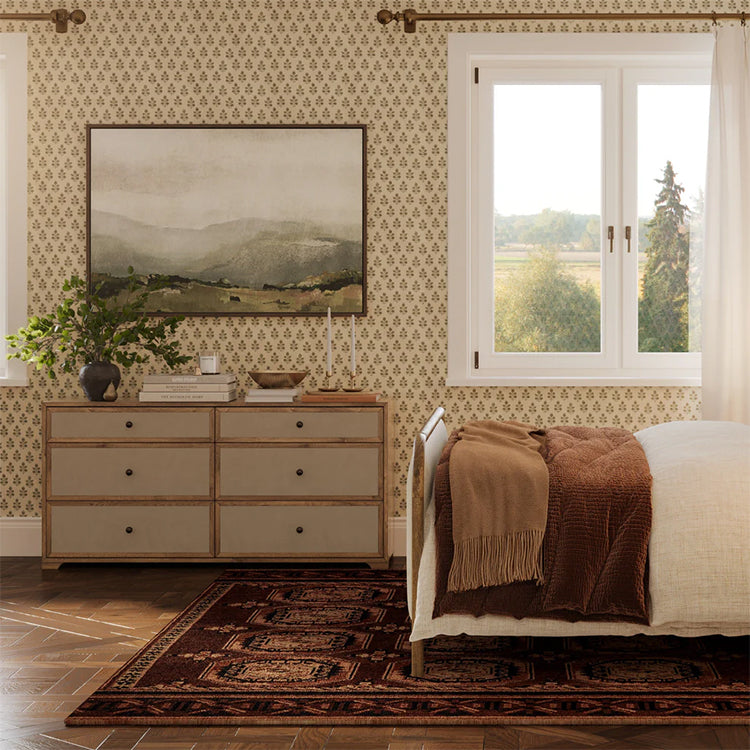 Light Taupe Suede and Wood 6-Drawer Dresser