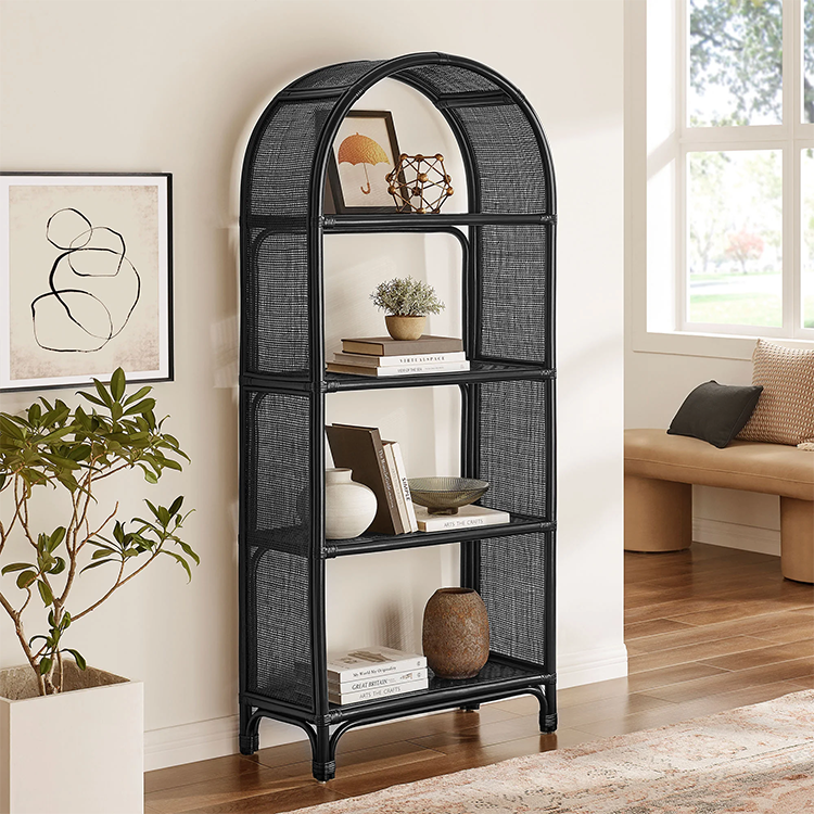Celetial Arched Natural Rattan Bookshelf, Black