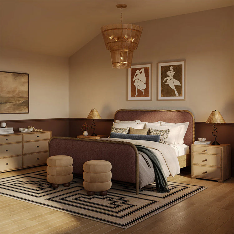 Light Taupe Suede and Wood 6-Drawer Dresser