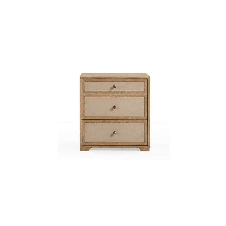 Light Taupe Suede and Wood 3-Drawer Nightstand