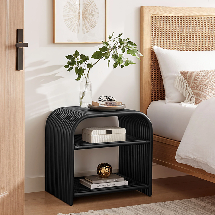 Ebba Curved Natural Rattan Side Table, Black