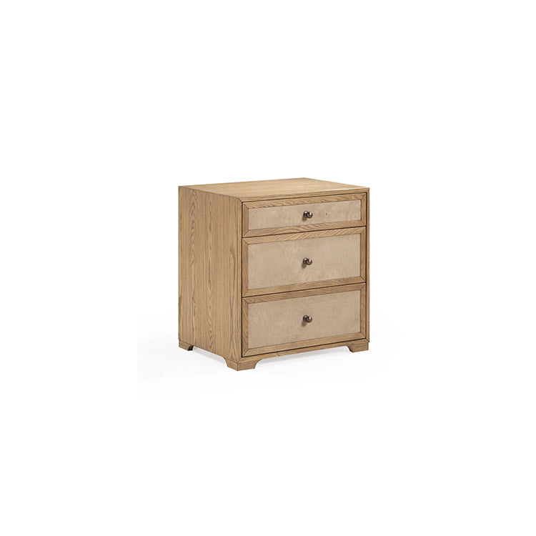 Light Taupe Suede and Wood 3-Drawer Nightstand