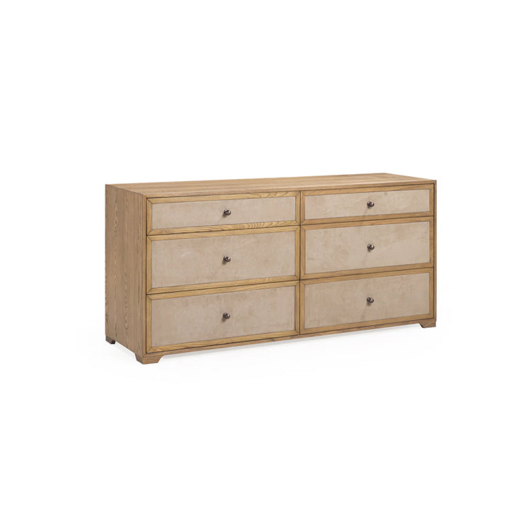 Light Taupe Suede and Wood 6-Drawer Dresser
