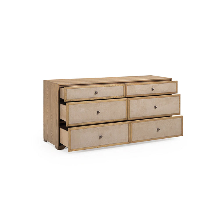 Light Taupe Suede and Wood 6-Drawer Dresser