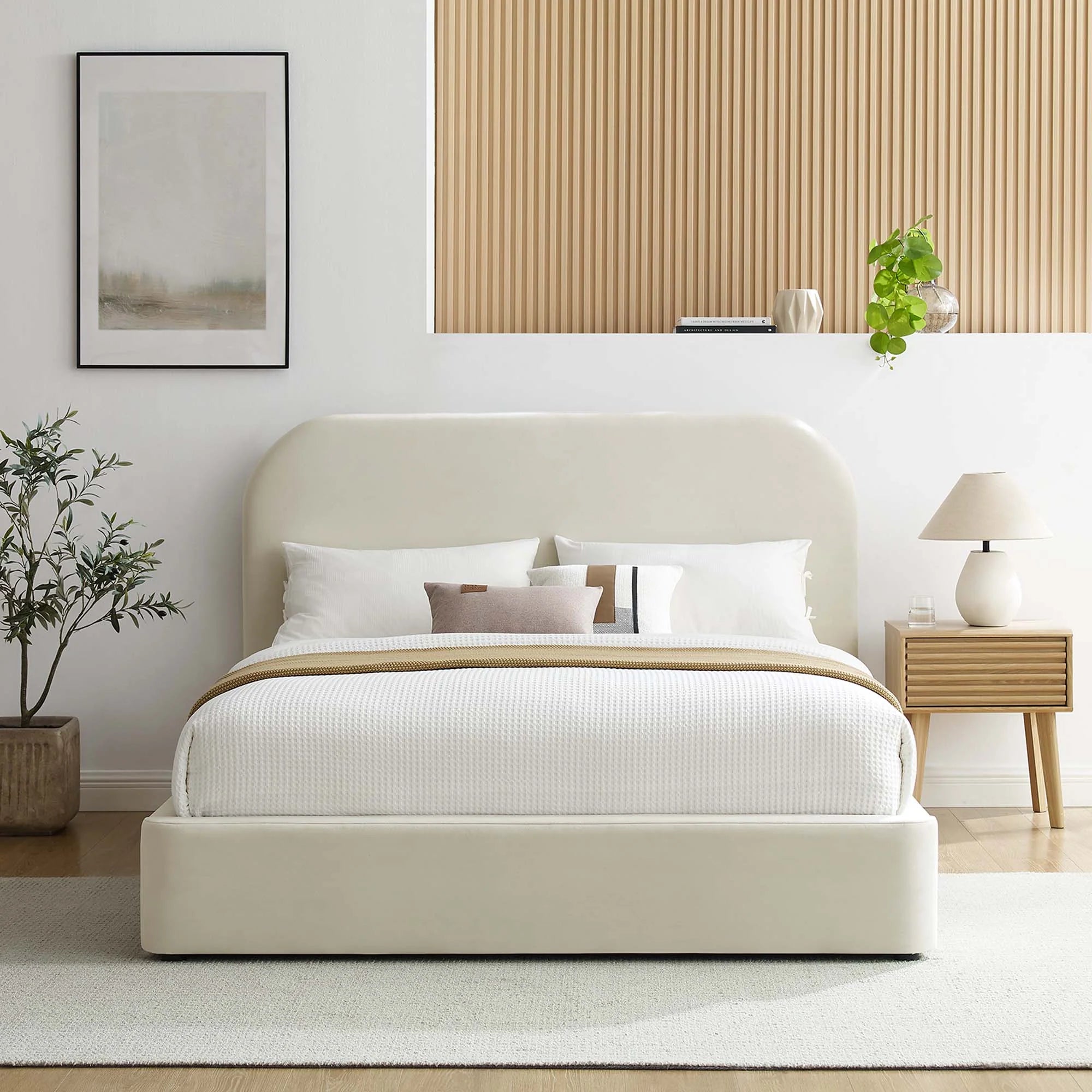 Heather Velvet Queen Bed, Cream
