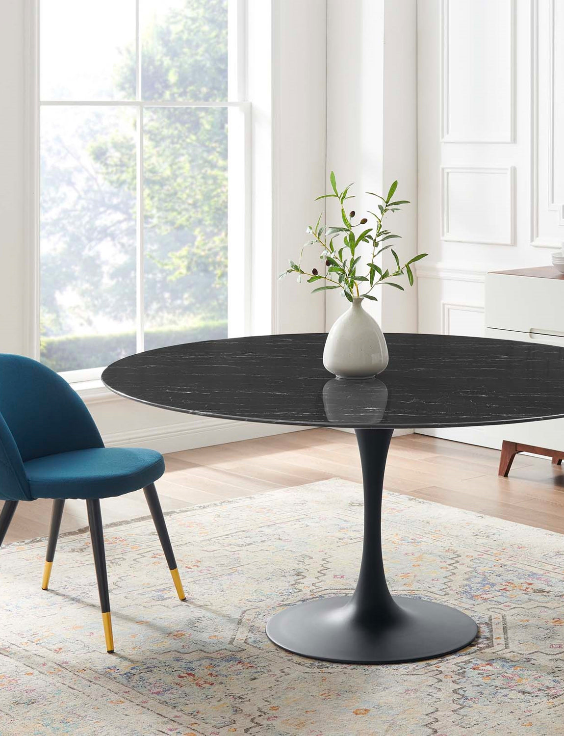 Lily Round Black Marble Dining Table, black base