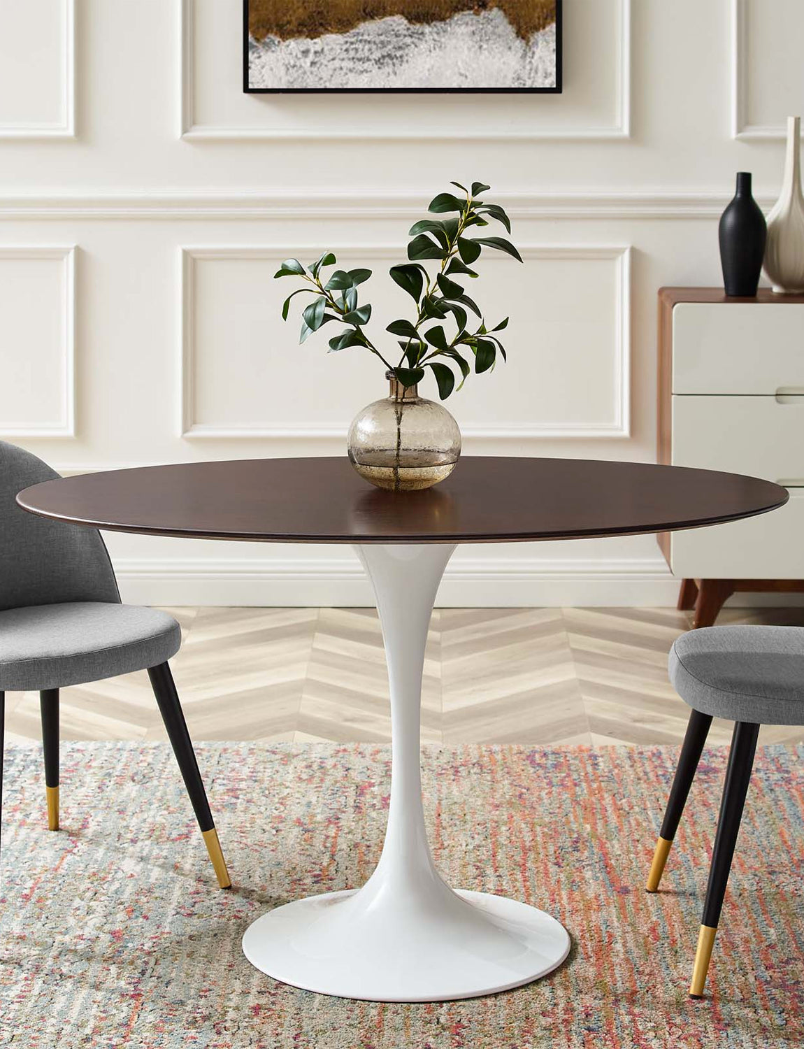 Lily Oval Cherry Walnut Dining Table, white base