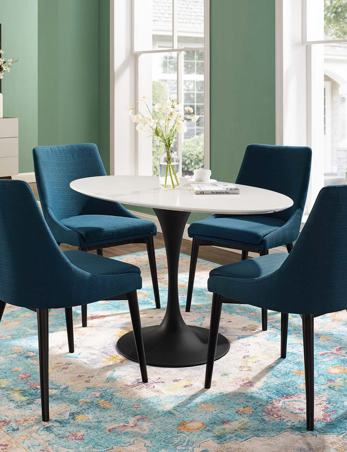 Lily Oval White 60" Dining Table, black base