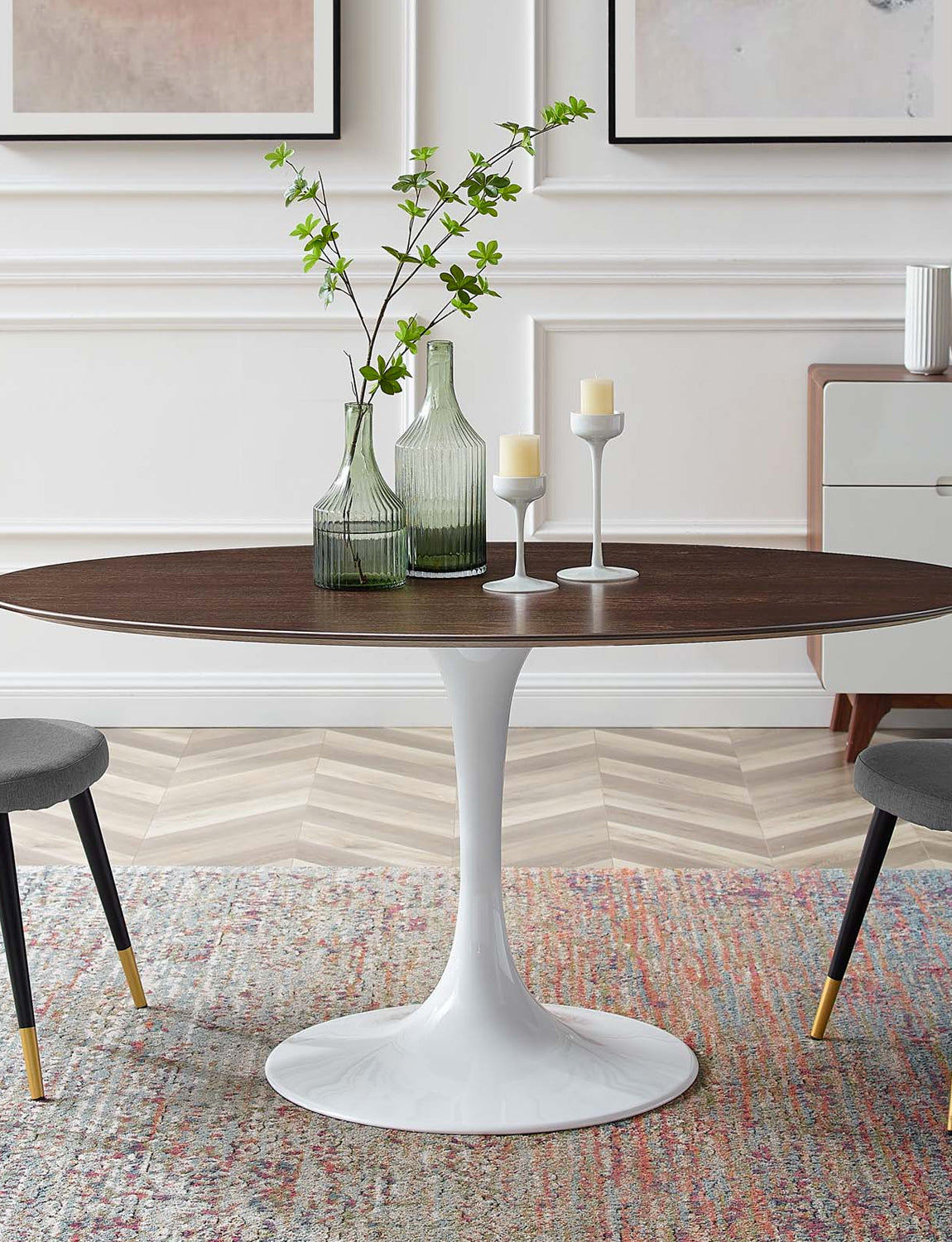 Lily Cherry Walnut Oval Dining Table, white base