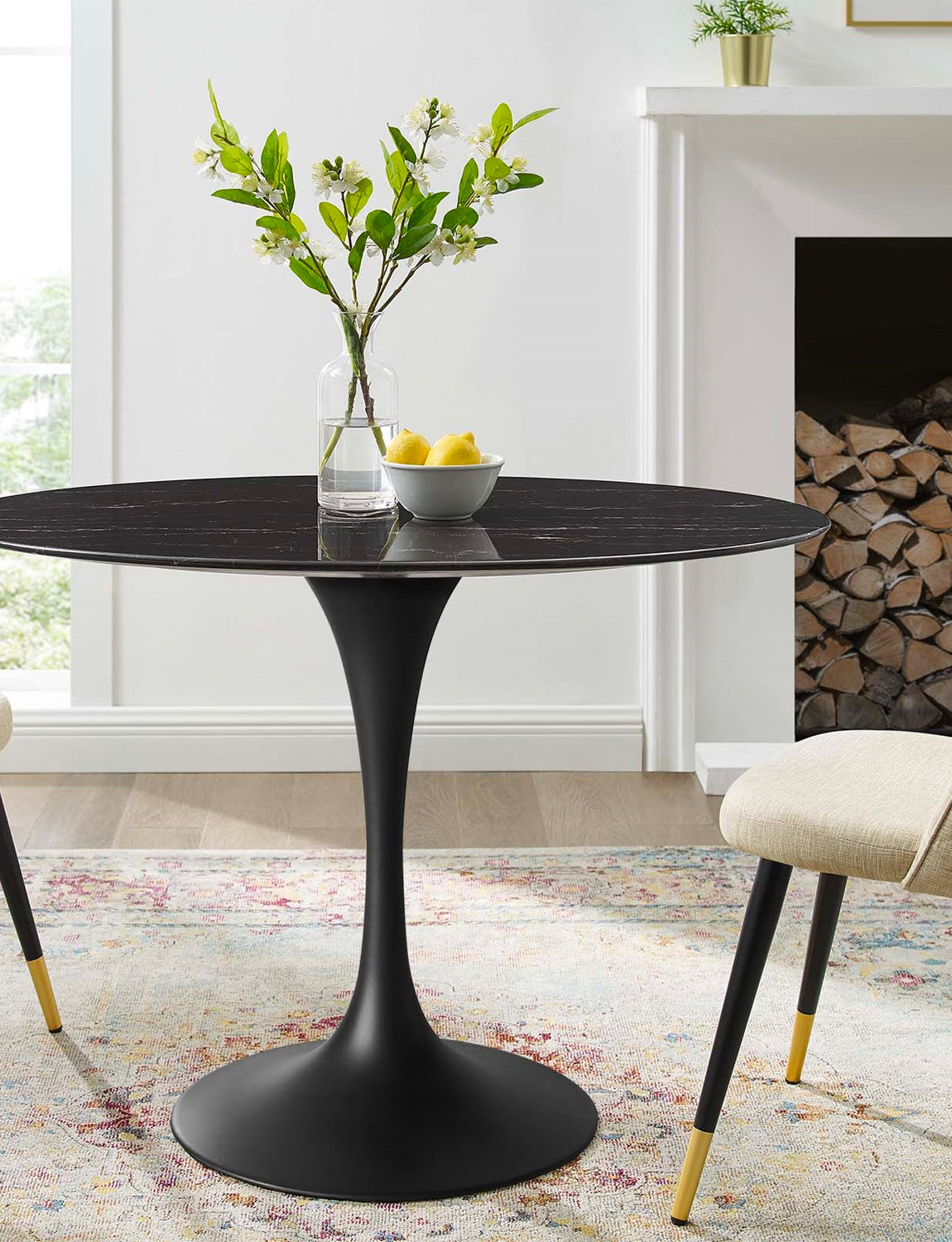 Lily Black Oval Marble Dining Table, black base