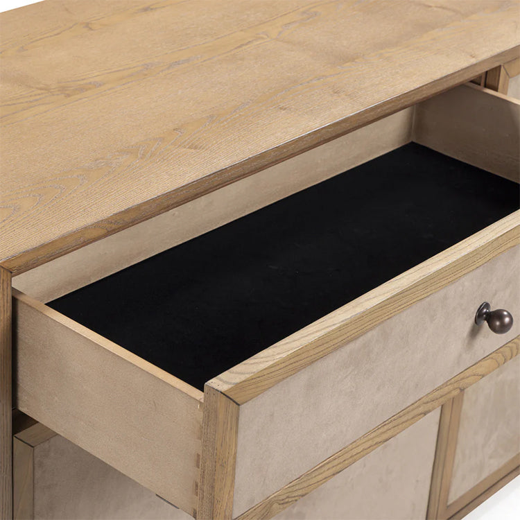 Light Taupe Suede and Wood 6-Drawer Dresser