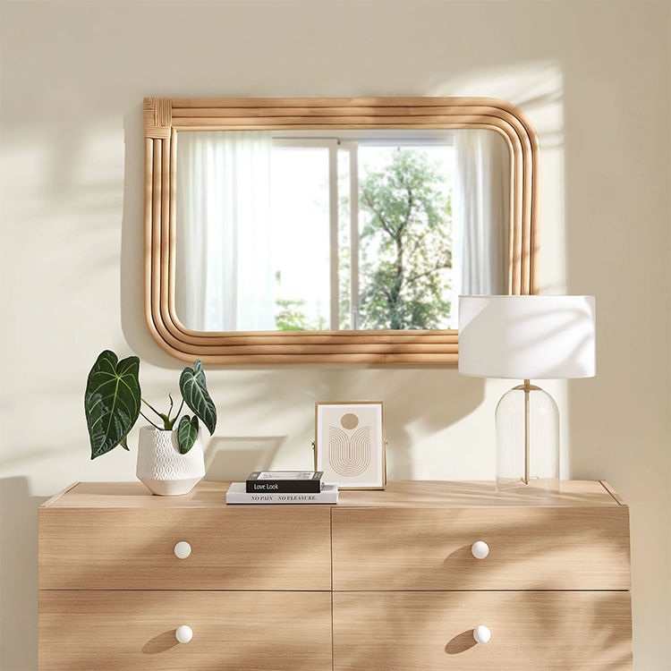 Corsie Curved Rectangle Rattan Wall Mirror, Natural