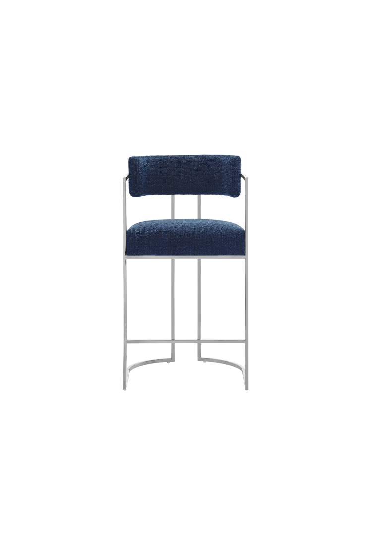 Ardenza Curved Back Fabric and Metal Counter Stool,Silver Navy