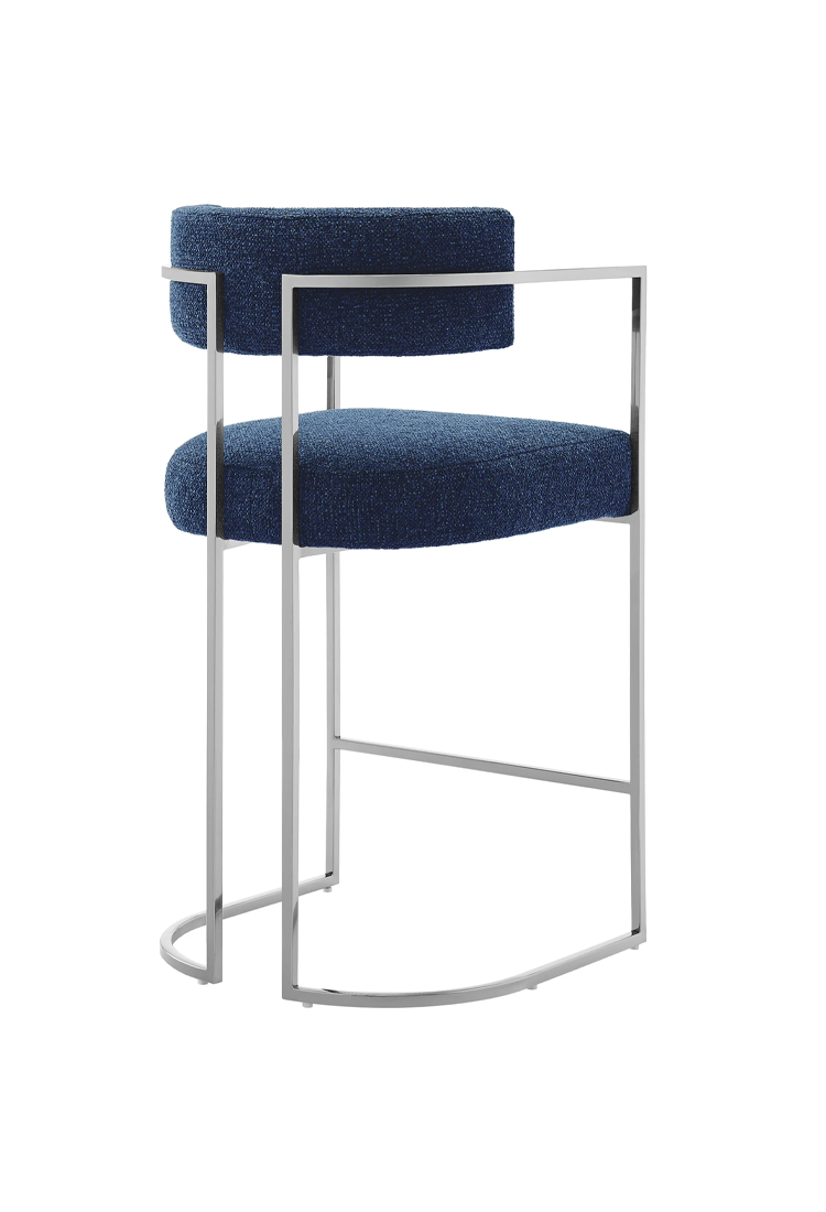 Ardenza Curved Back Fabric and Metal Counter Stool,Silver Navy