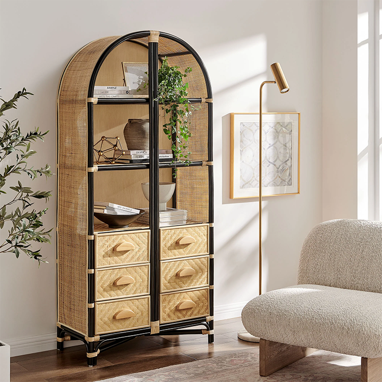 Janne Arched Natural Rattan Bookshelf, Black