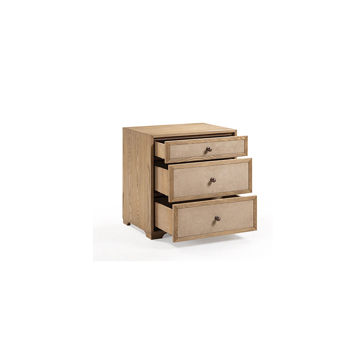 Light Taupe Suede and Wood 3-Drawer Nightstand