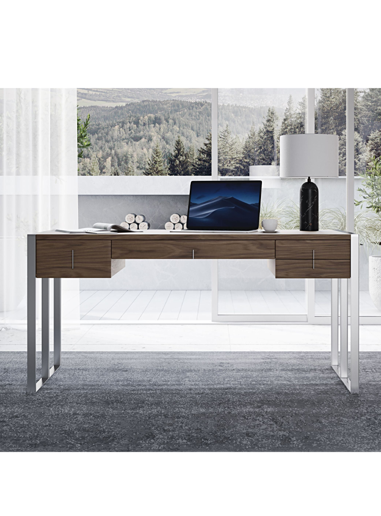 Zarion Stainless Steel Desk,Walnut