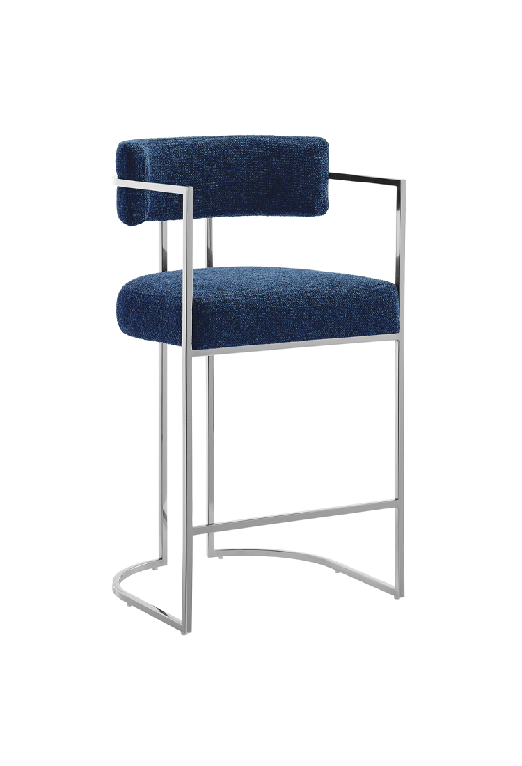 Ardenza Curved Back Fabric and Metal Counter Stool,Silver Navy