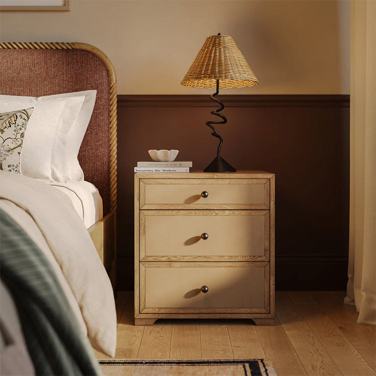 Light Taupe Suede and Wood 3-Drawer Nightstand