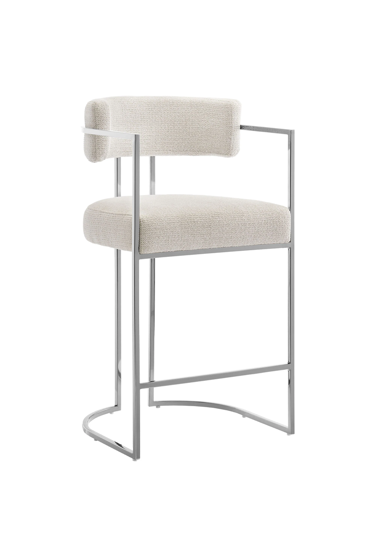 Ardenza Curved Back Fabric and Metal Counter Stool,Silver Cream