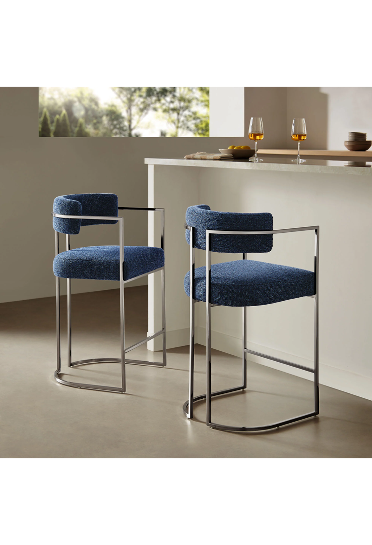 Ardenza Curved Back Fabric and Metal Counter Stool,Silver Navy