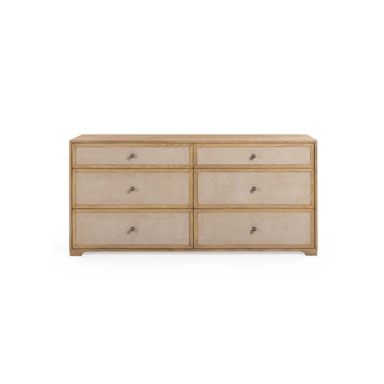 Light Taupe Suede and Wood 6-Drawer Dresser