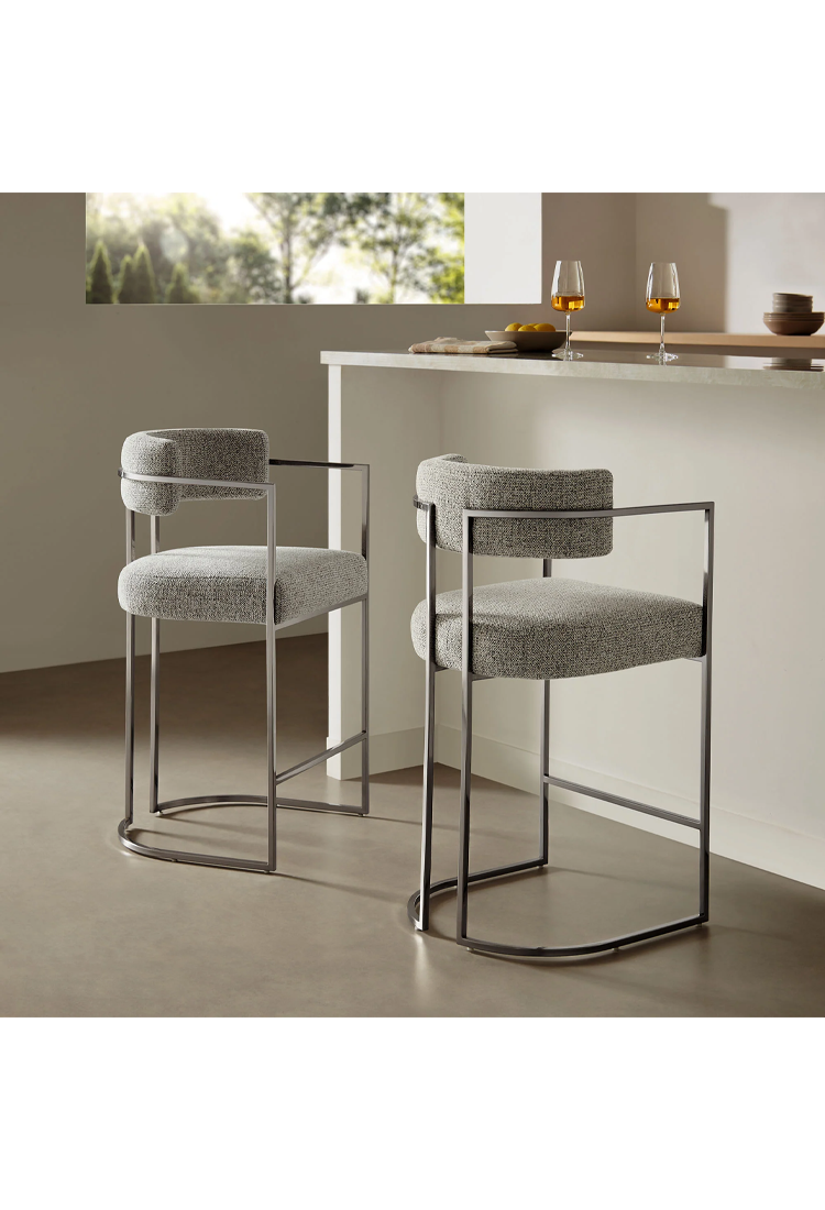 Ardenza Curved Back Fabric and Metal Counter Stool,Silver Wheat