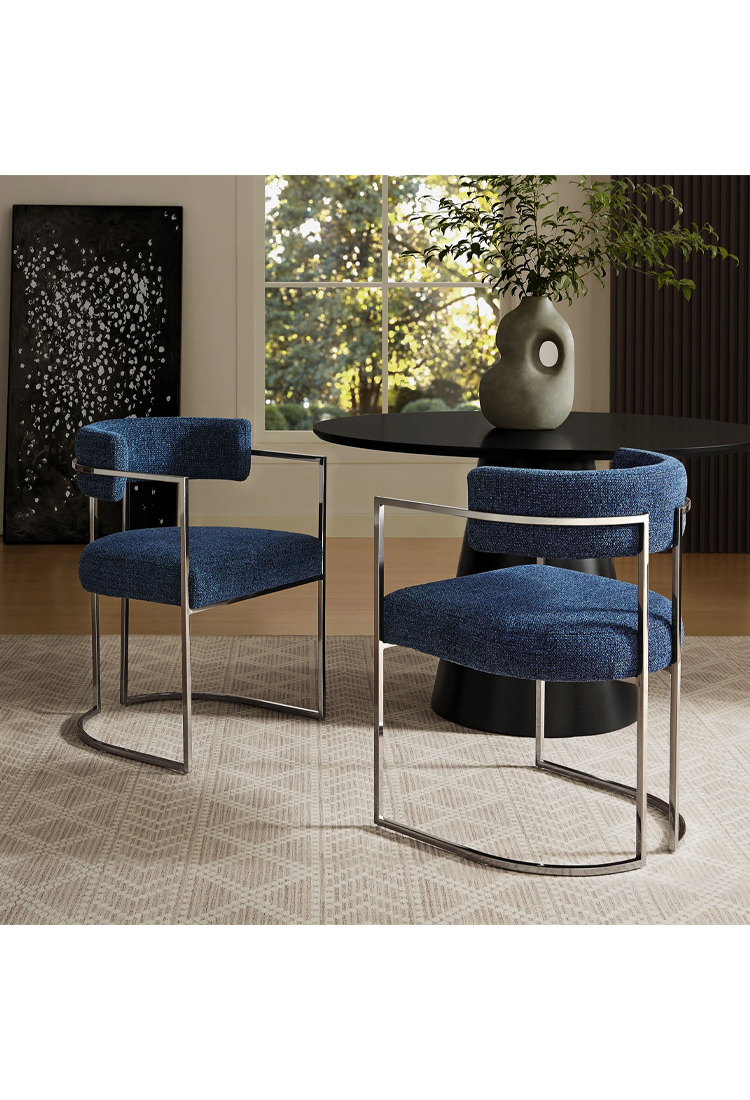 Ardenza Curved Back Fabric and Metal Dining Chair,Silver Navy