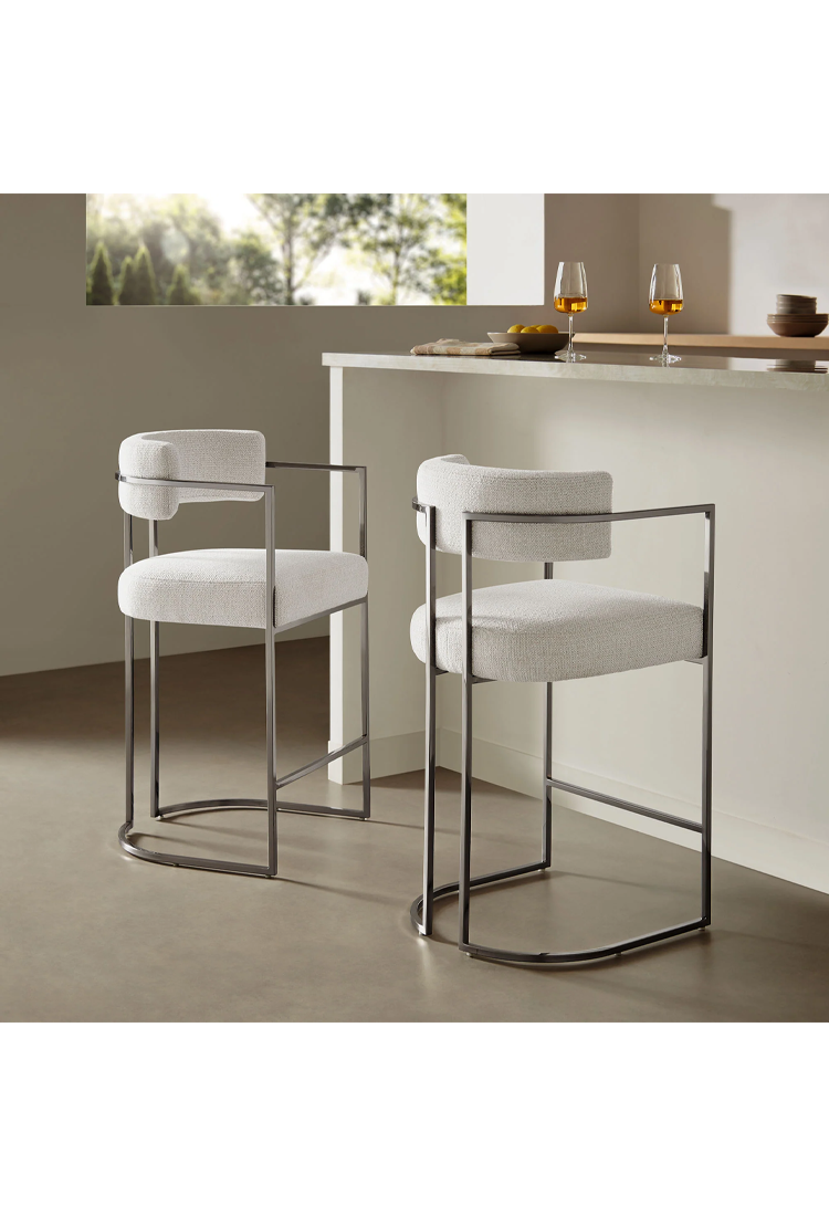 Ardenza Curved Back Fabric and Metal Counter Stool,Silver Cream