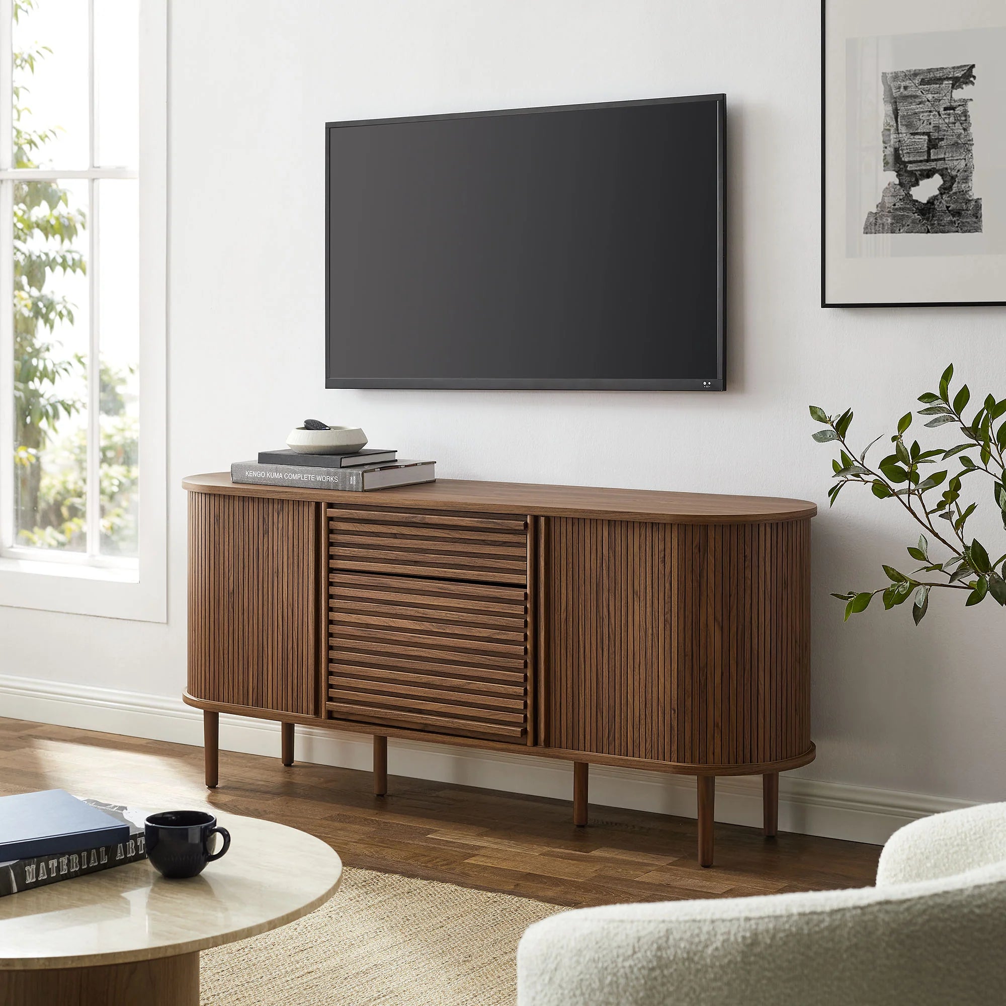 Harjan Fluted Oval Sideboard Cabinet in Walnut