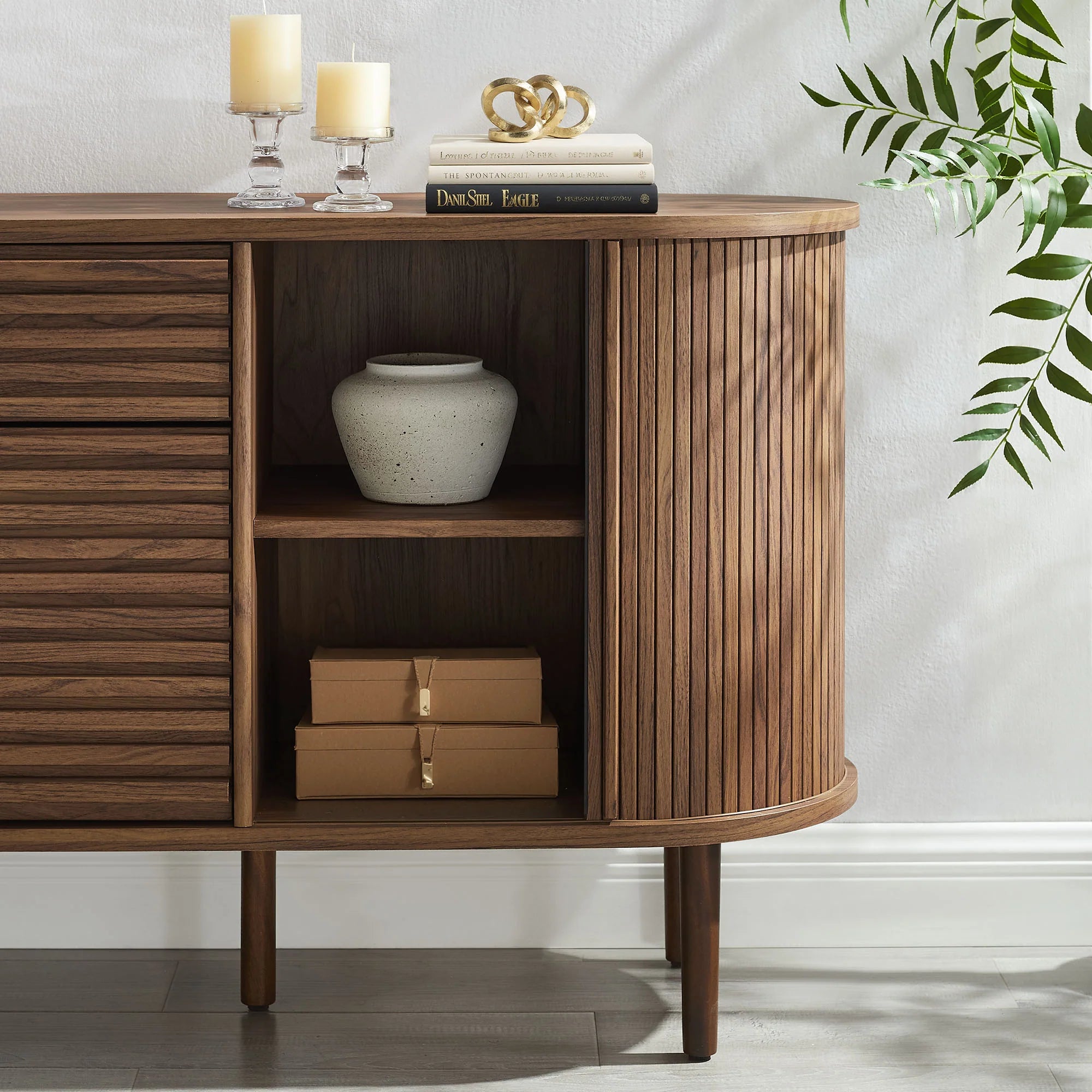 Harjan Fluted Oval Sideboard Cabinet in Walnut