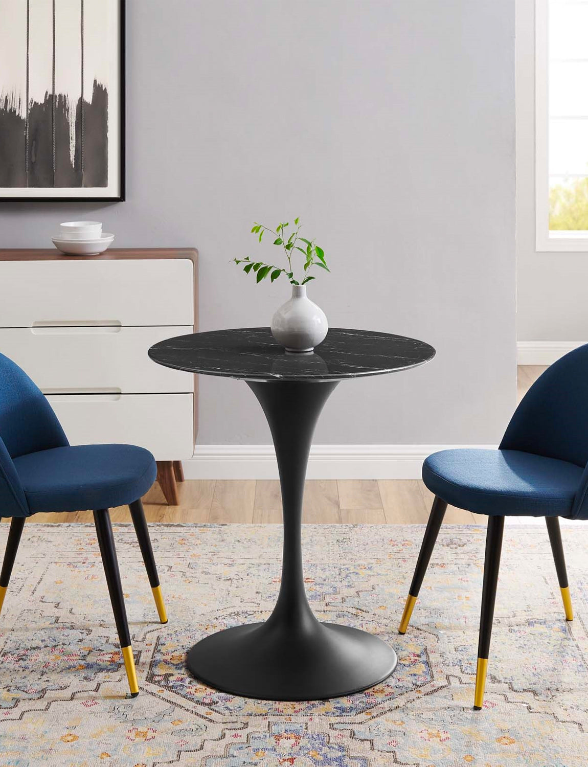 Lily Round Black Marble Dining Table, black base